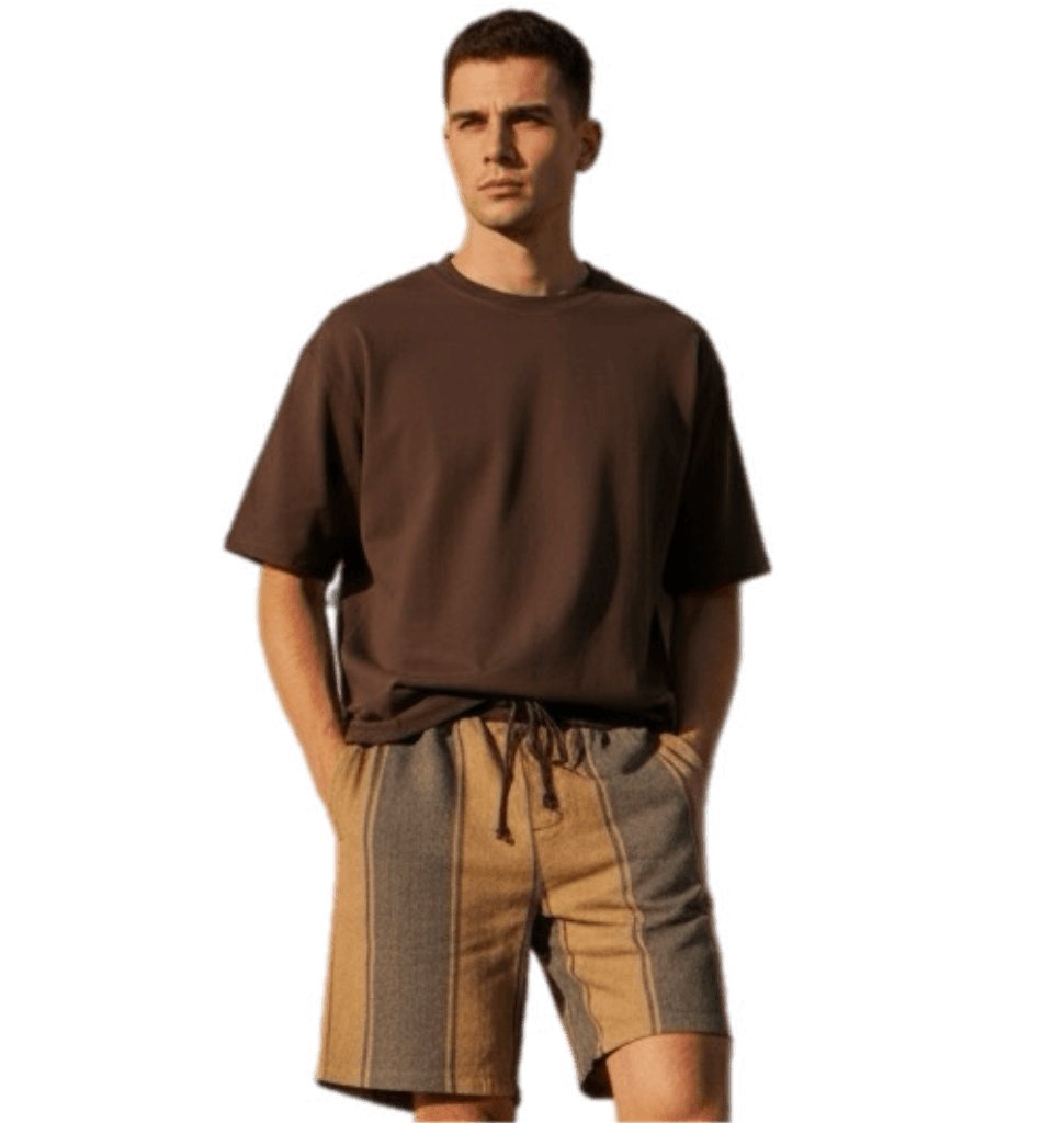 Zara men’s striped drawstring shorts brown and beige – casual summer shorts front view