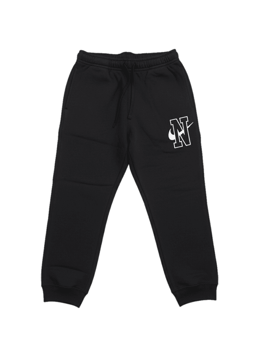 Black Nike jogger sweatpants with white N logo and swoosh on left leg.