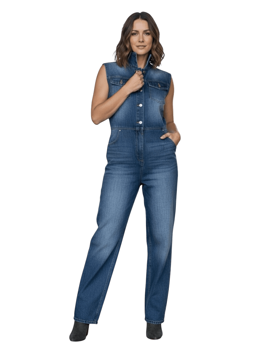 Model wearing a women’s sleeveless denim jumpsuit with a high neck and button-up front, styled with wide-leg jeans in a studio setting.